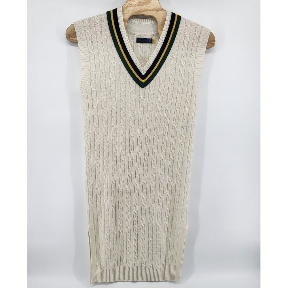 Polo Ralph Lauren Women Cream Cable-Knit Cashmere Wool Cricket Sweater Dress Med